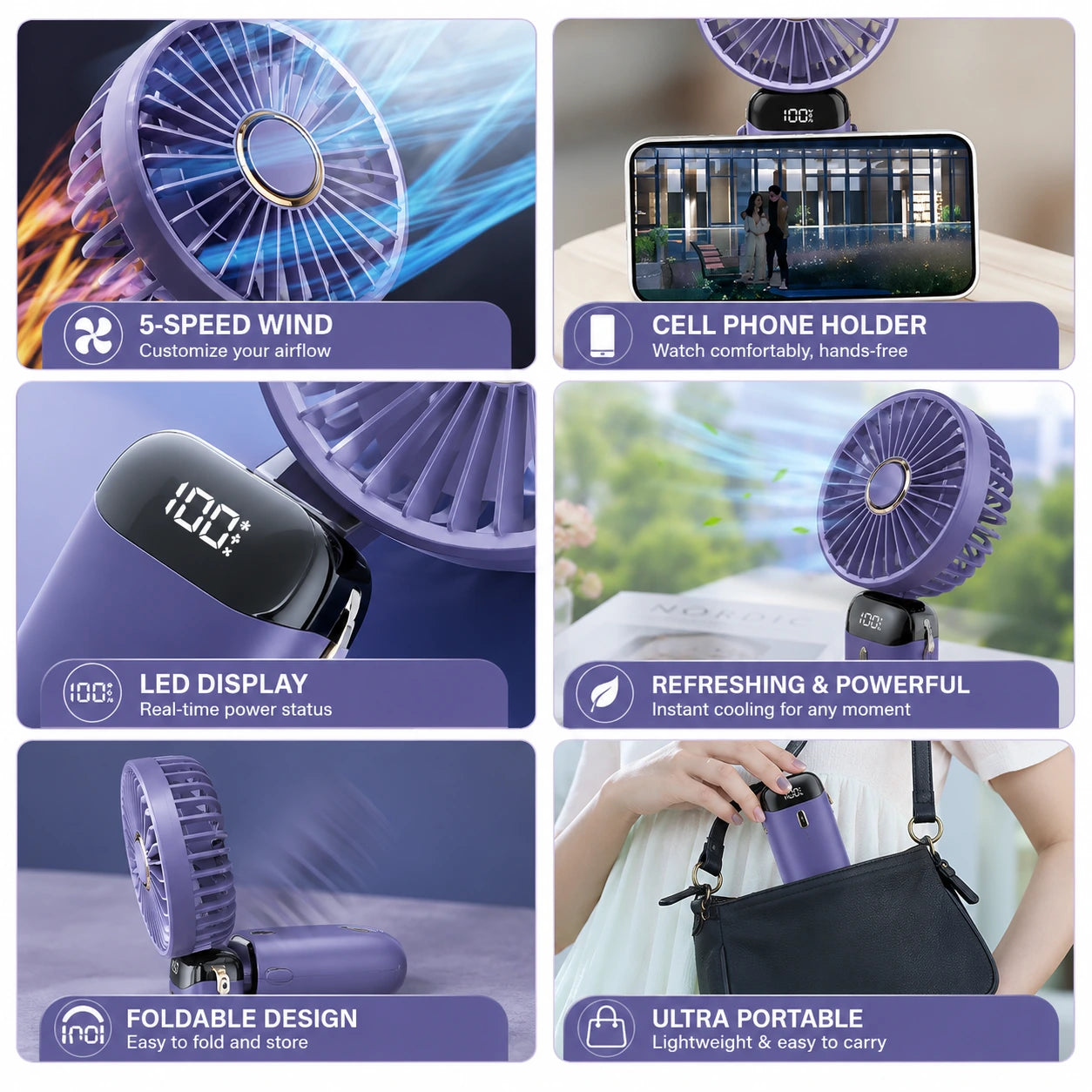 Portable Rechargeable Mini Fan with LED Display, 5-Speed & Foldable Design | For Home, Office, Outdoor, Travel & Kids