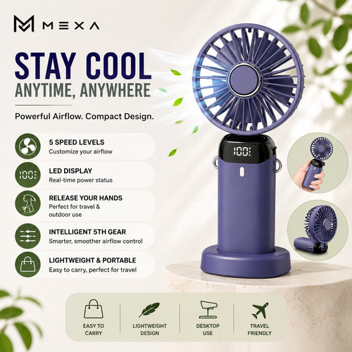 Portable Rechargeable Mini Fan with LED Display, 5-Speed & Foldable Design | For Home, Office, Outdoor, Travel & Kids