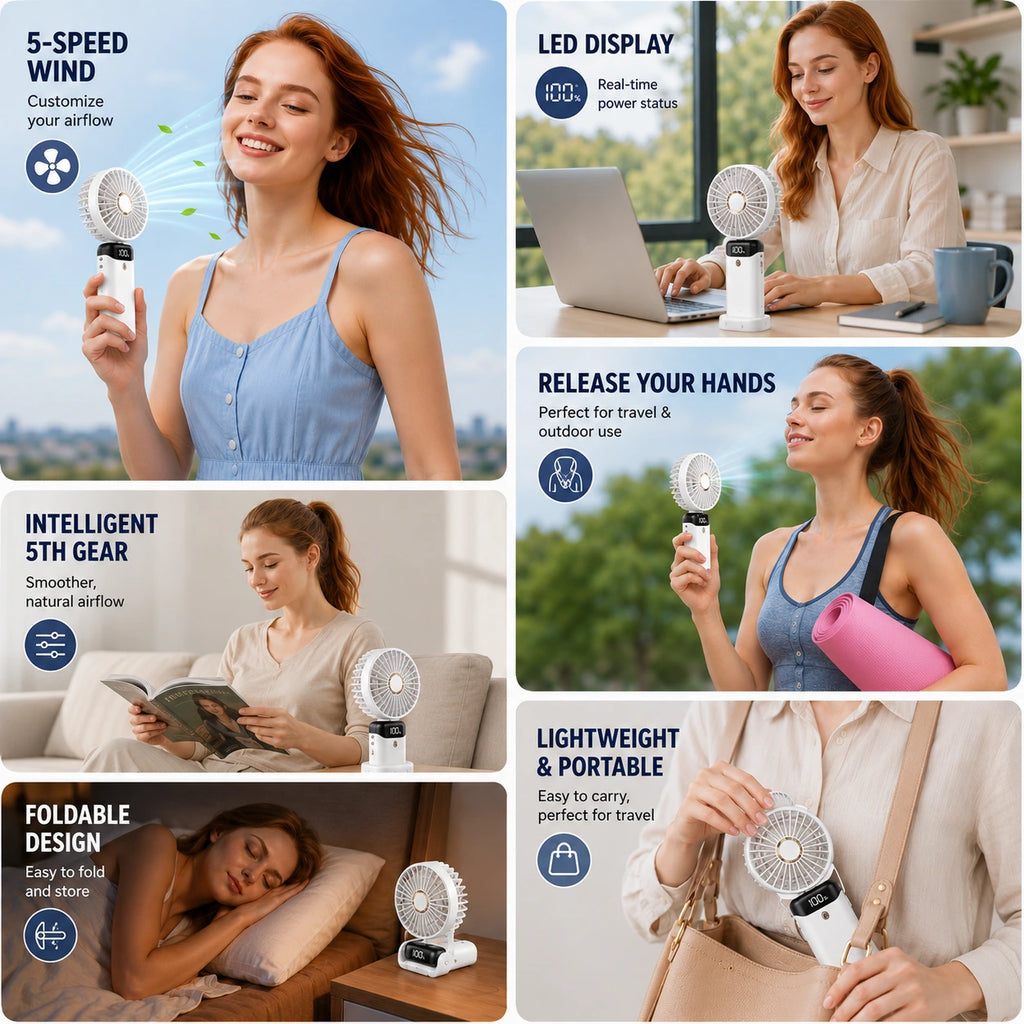Portable Rechargeable Mini Fan with LED Display, 5-Speed & Foldable Design | For Home, Office, Outdoor, Travel & Kids