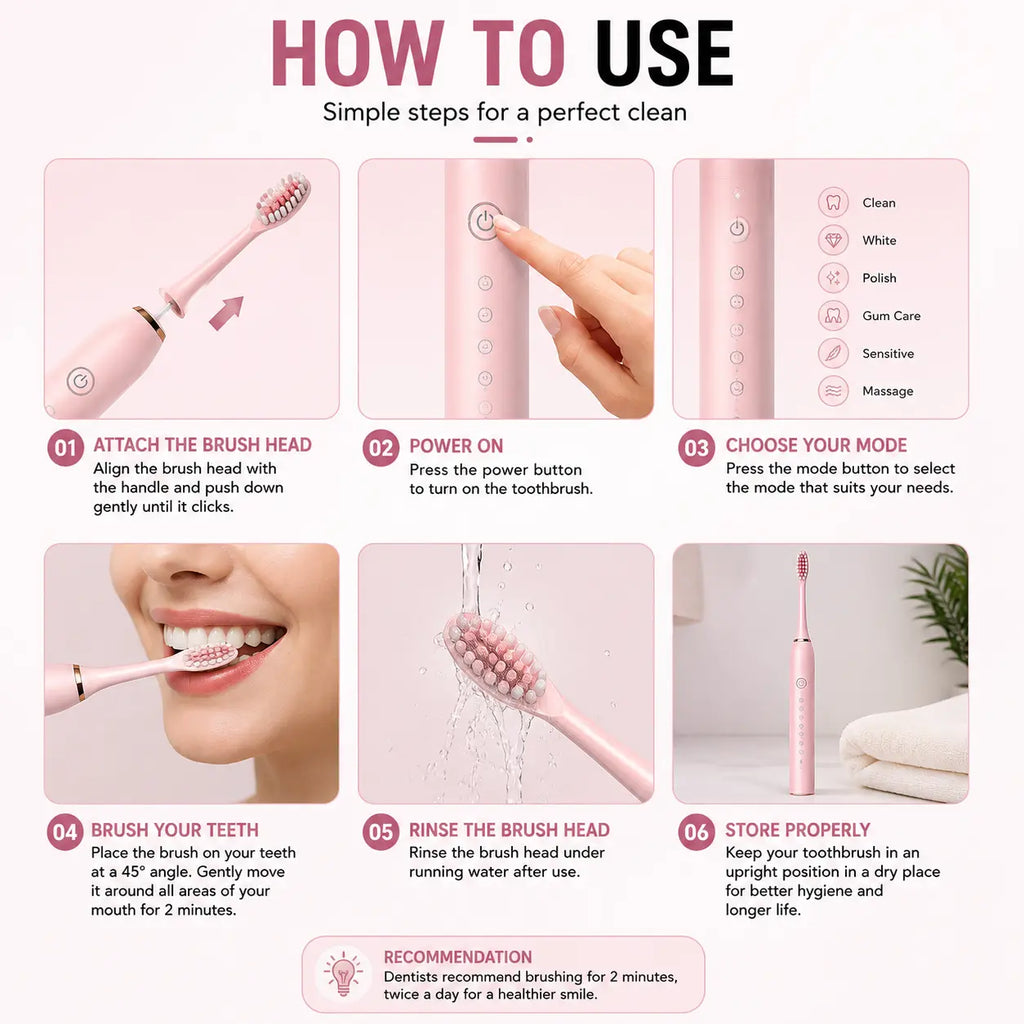 X-3 Sonic Electric Toothbrush | Rechargeable Electric Toothbrush with 6 Modes & 4 Brush Heads